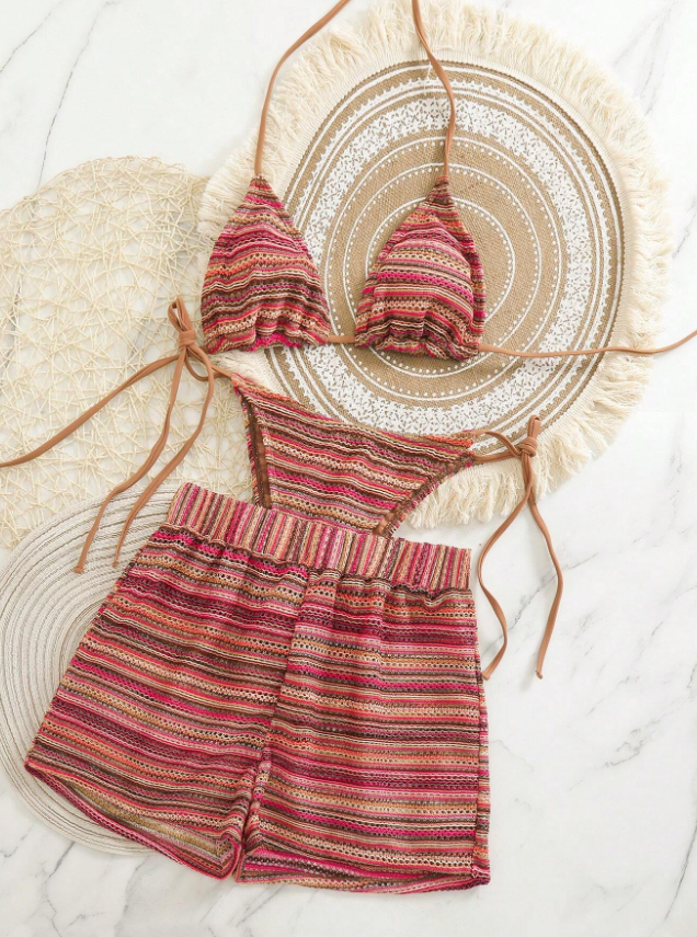 3 Pack Bohemian Crochet Bikini & Shorts Set