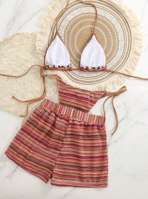 3 Pack Bohemian Crochet Bikini & Shorts Set