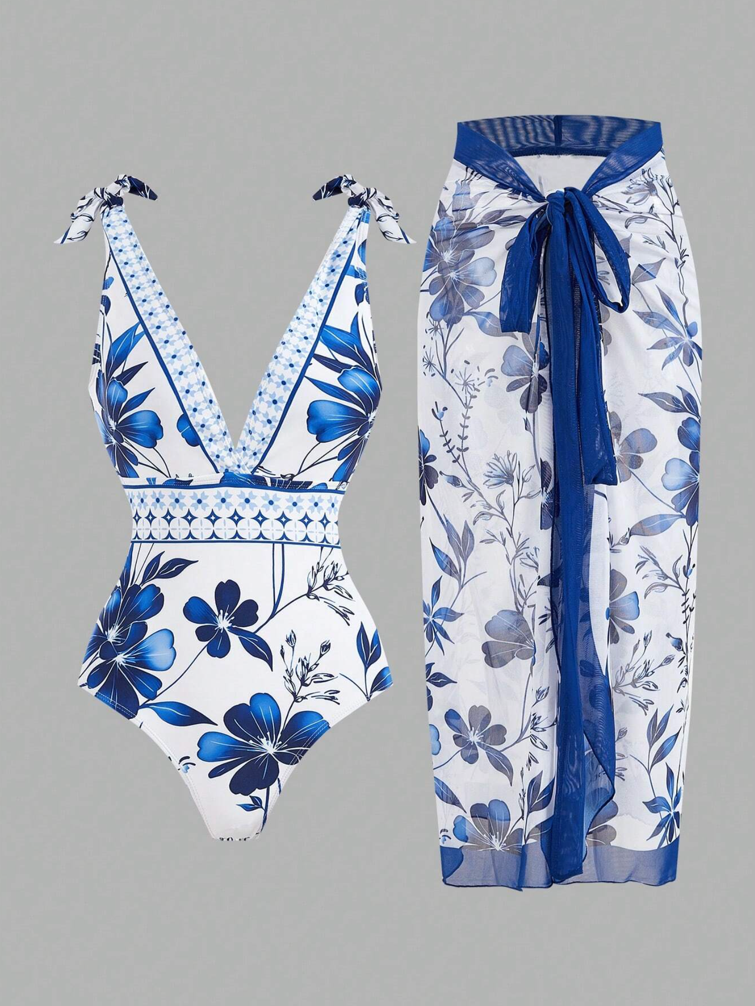 Blue & White Floral Swimsuit & Sarong Set