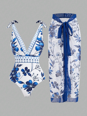 Blue & White Floral Swimsuit & Sarong Set