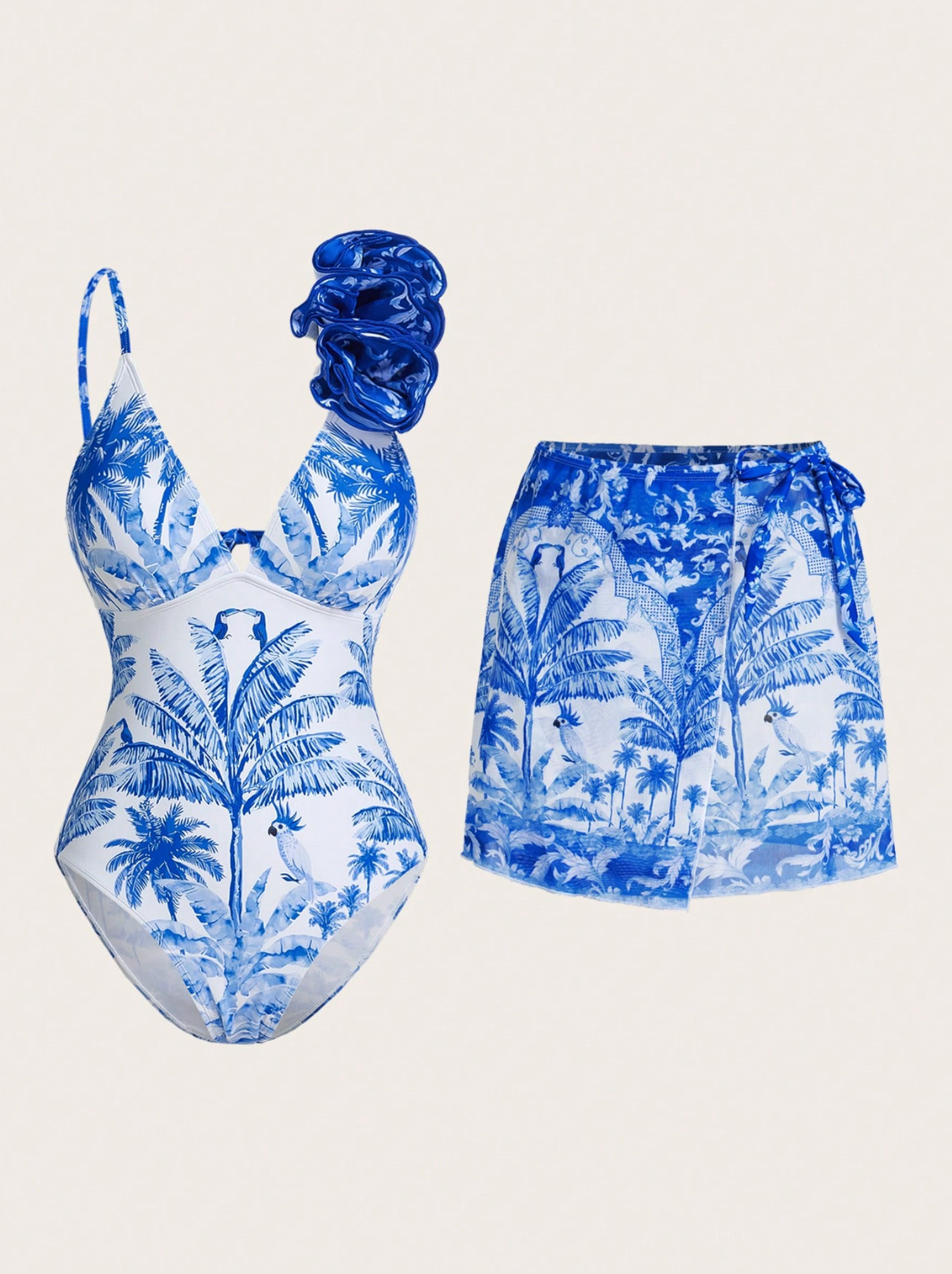 Palm & Bird Applique Swimsuit & Skirt Set