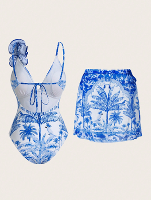 Palm & Bird Applique Swimsuit & Skirt Set