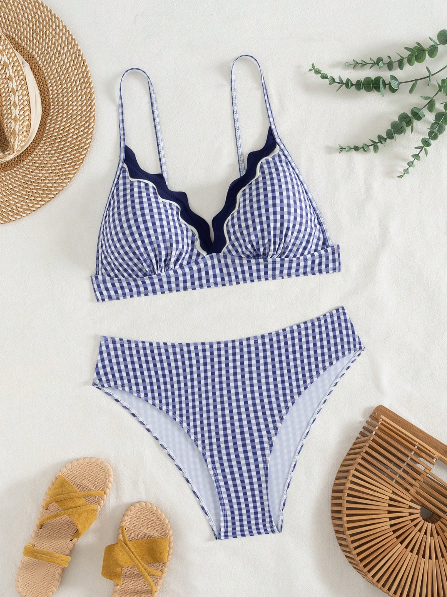 Navy White Gingham Print Scallop Trim Bikini Set