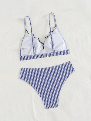 Navy White Gingham Print Scallop Trim Bikini Set