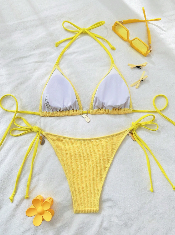 Lemon Crinkle Tie Up Bikini Set