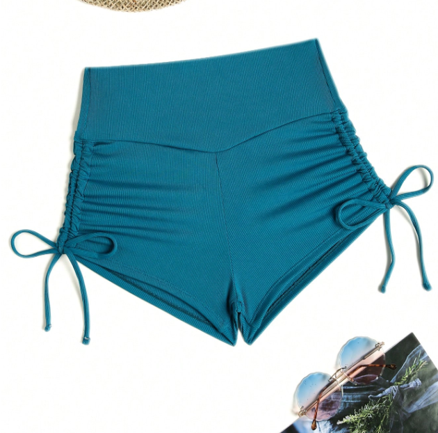 Basics Ribbed Drawstring Teal Bikini Shorts