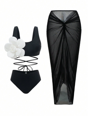 Luxe Black Flower Appliqué High Waist Bikini & Skirt Set