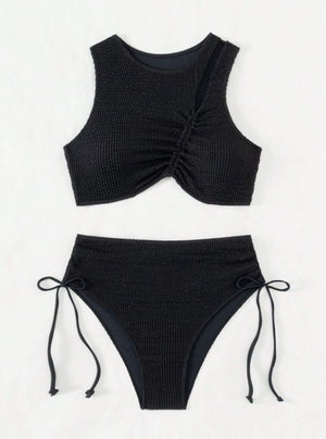 Black Crinkle Crop Top & Drawstring Bikini Set