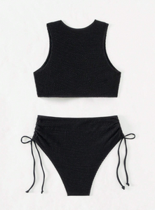 Black Crinkle Crop Top & Drawstring Bikini Set