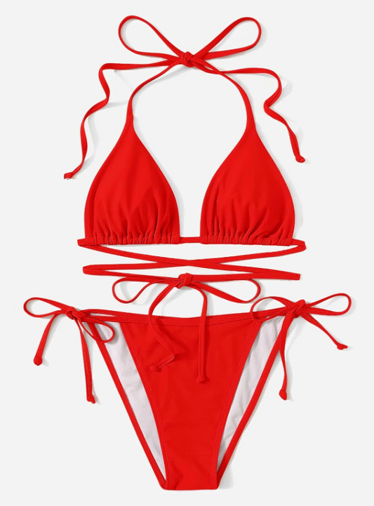 Red Lace Up Tie Triangle Bikini Set