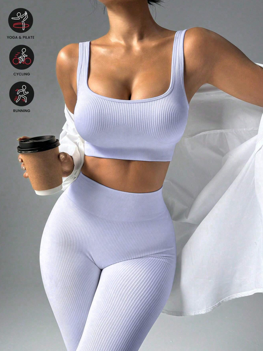 Lilac Rib-Knit Sports Bra & Leggings Active Set