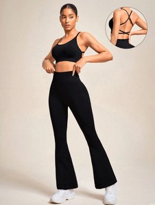 Black Crisscross Backless Flare Leg Active Set