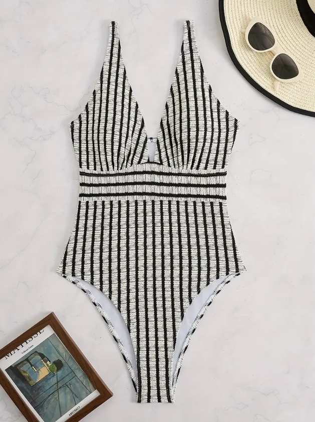 B/W Textured Plunge One Piece