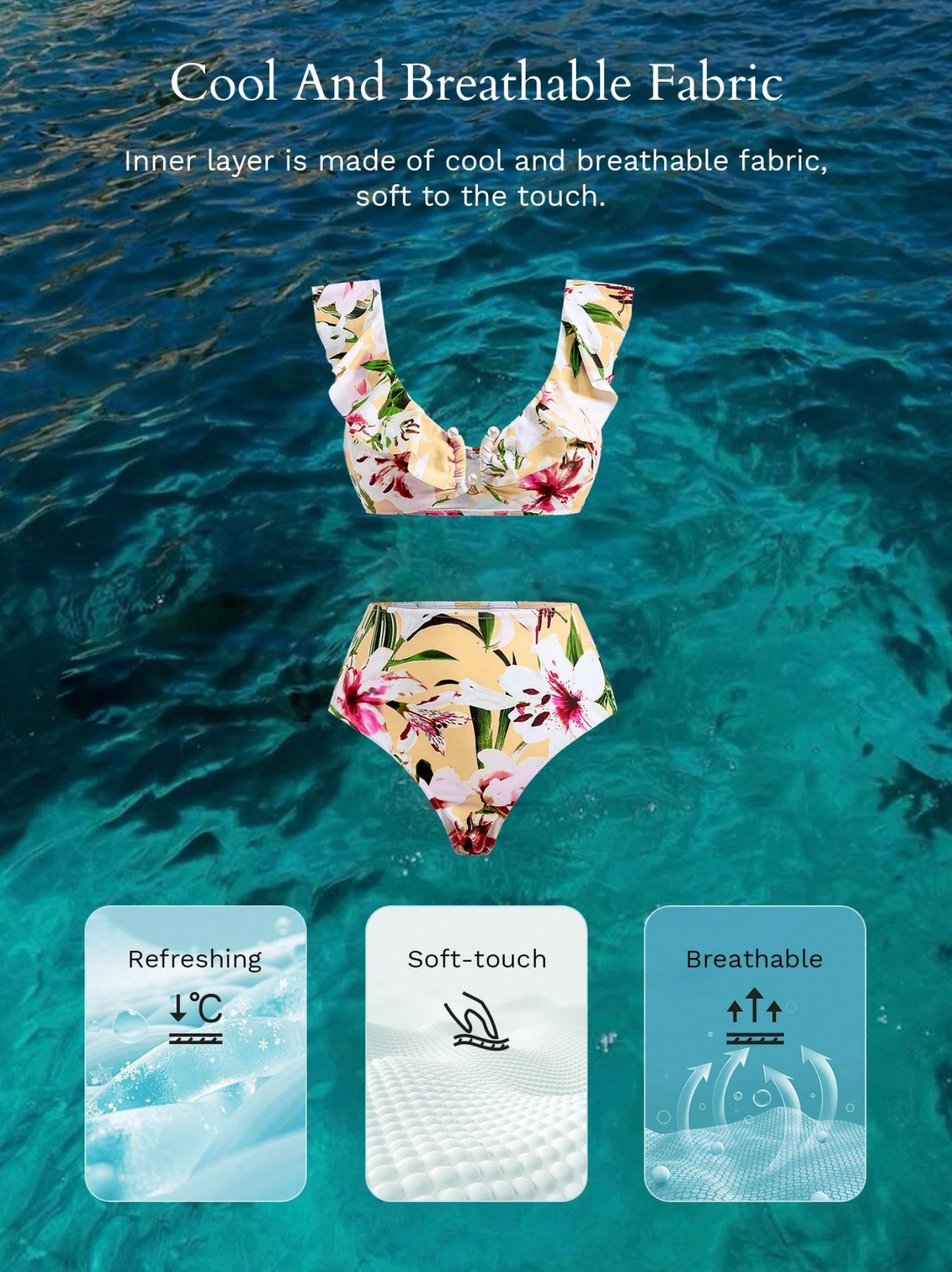 Premium Butter Yellow Floral Pearl Detail High Waist Bikini Set