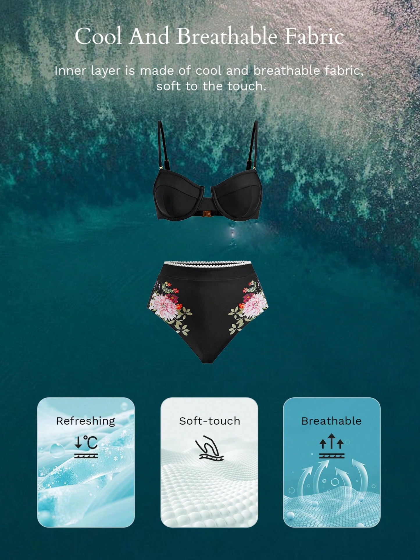 Premium Black Underwire Floral Trim Bikini Set