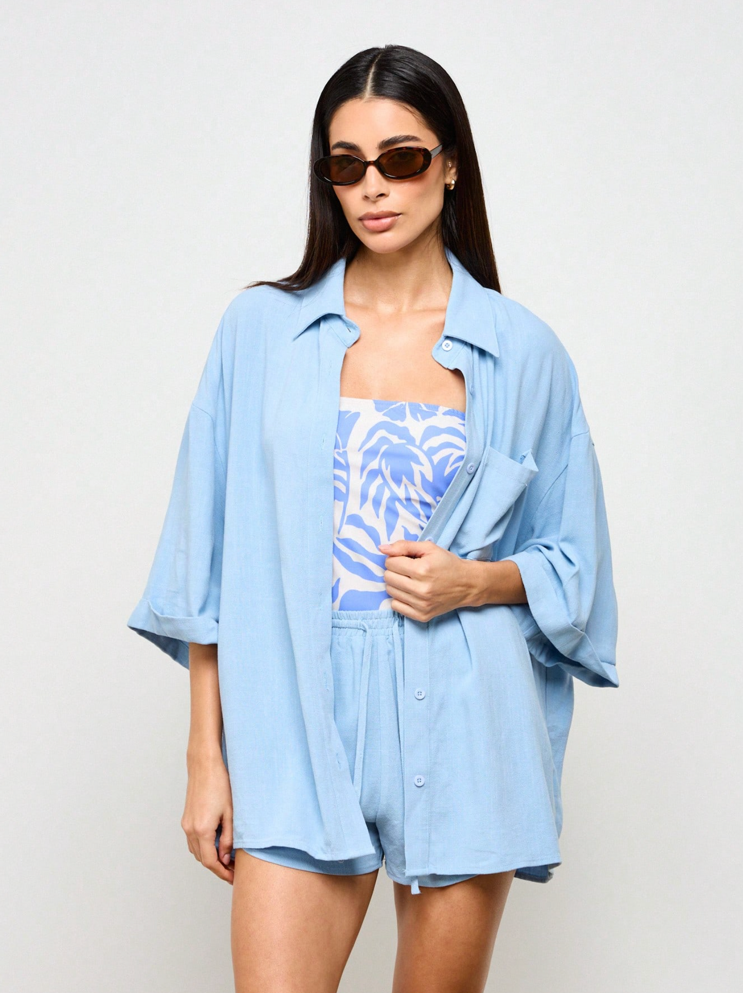 Linen Sky Blue Button-Down Shirt & Shorts