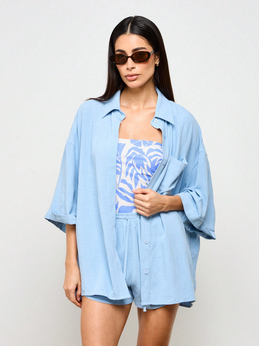 Linen Sky Blue Button-Down Shirt & Shorts