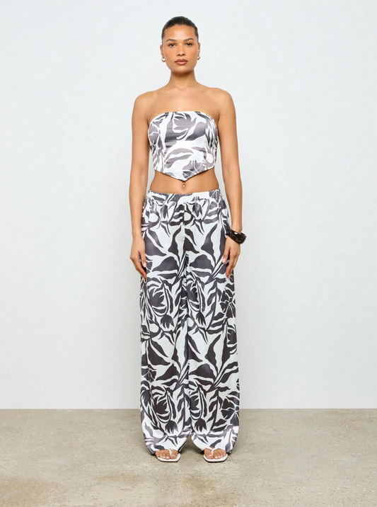 Abstract Monochrome Floral Bandeau Top & Palazzo Pants