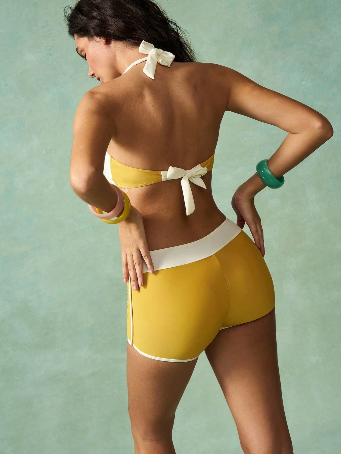 Mustard Constrast Band Bikini Shorts Set