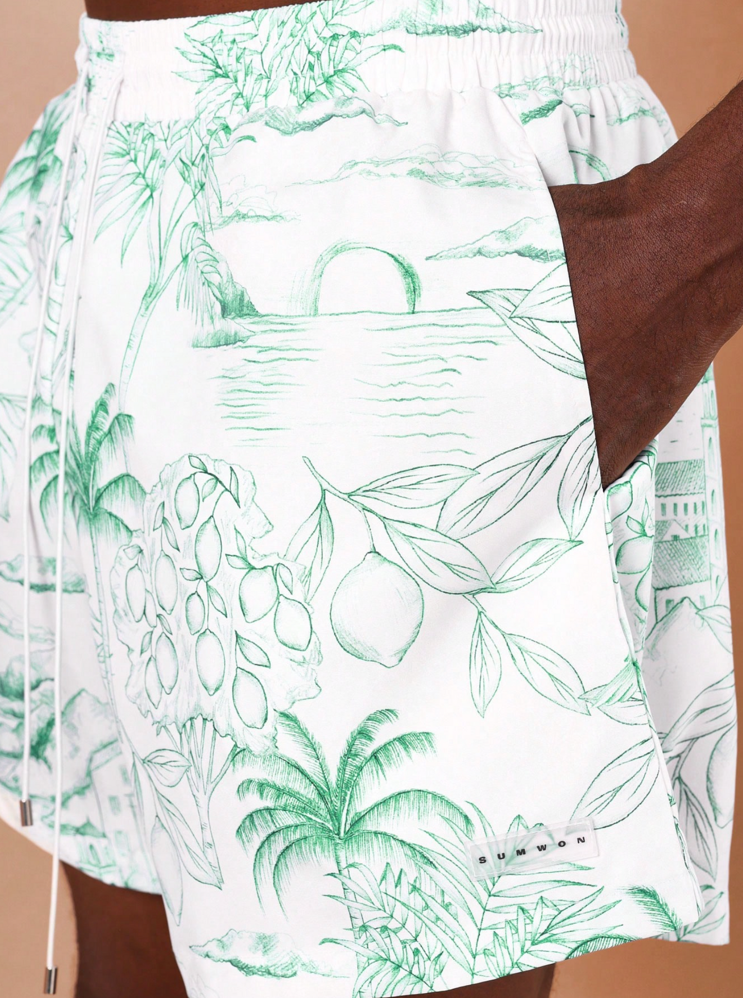 Men's Palm Tree Drawstring Swim Trunks