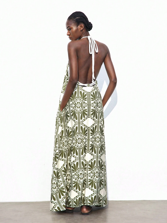Olive Boho Print Braided Halter Maxi Dress