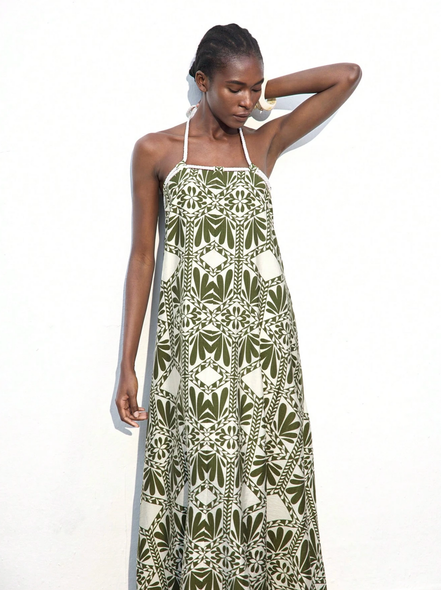 Olive Boho Print Braided Halter Maxi Dress