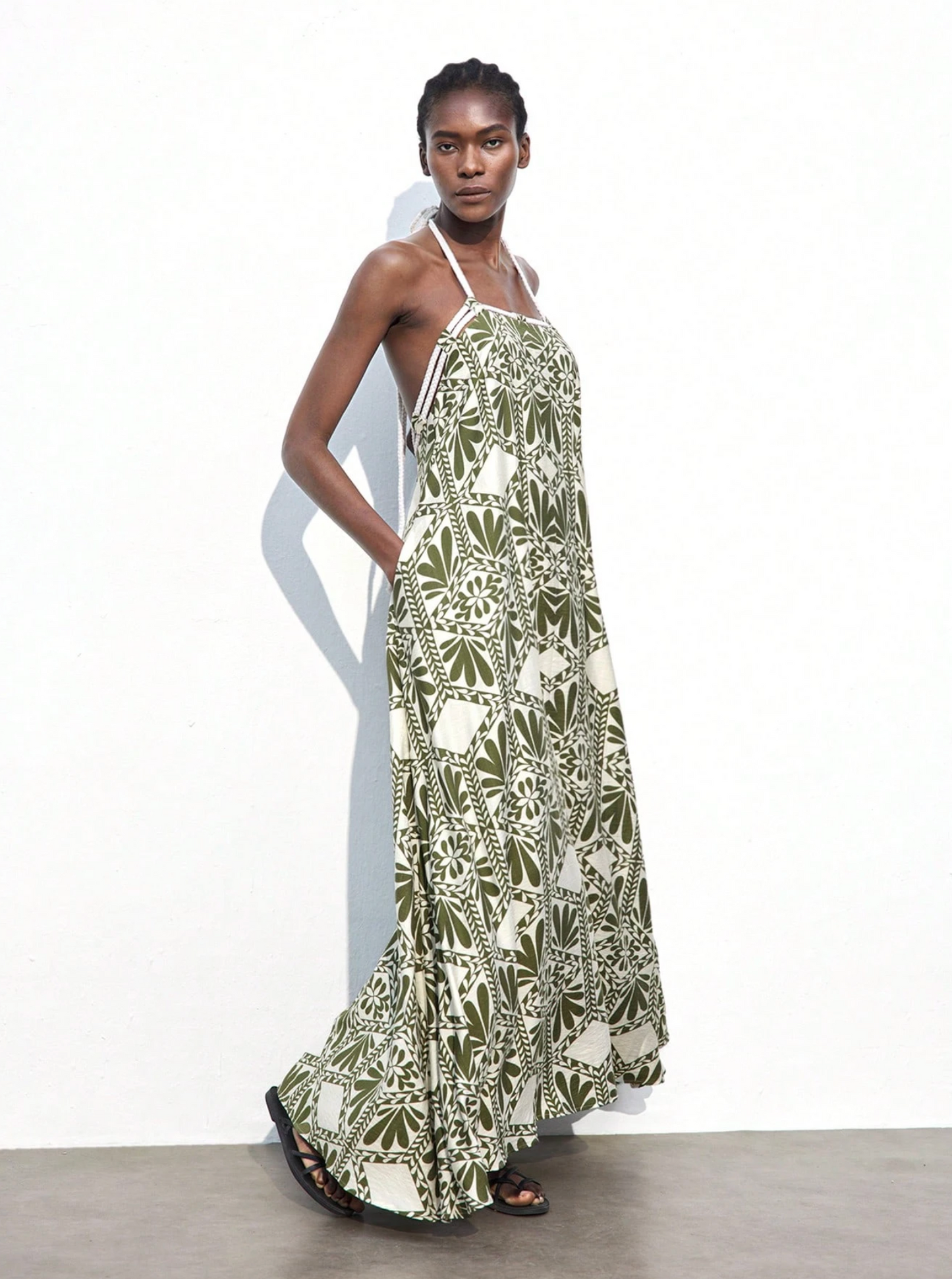 Olive Boho Print Braided Halter Maxi Dress