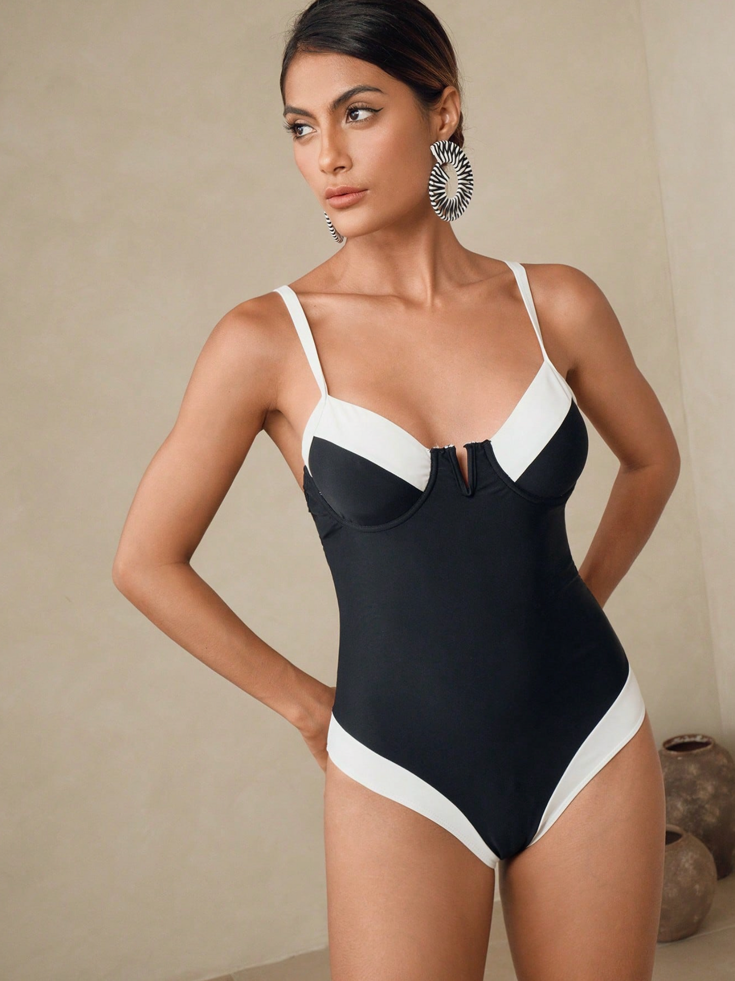 Monochrome Two Tone V Swimsuit & Polka Dot Mesh Sarong Set