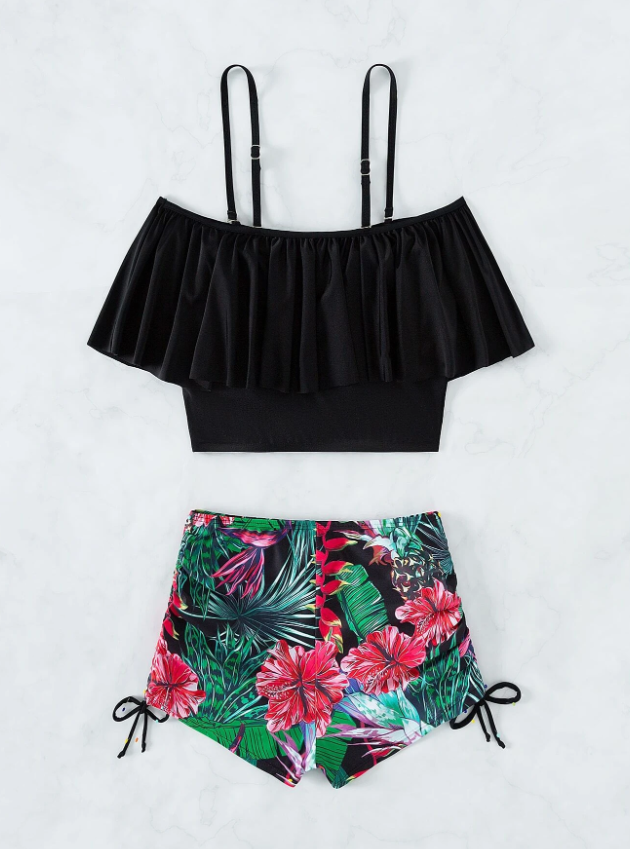 Ruffle Off Shoulder Block & Tropical Bikini  Shorts