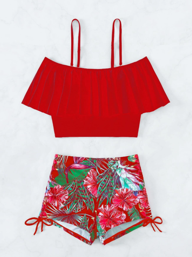 Ruffle Off Shoulder Block & Tropical Bikini  Shorts