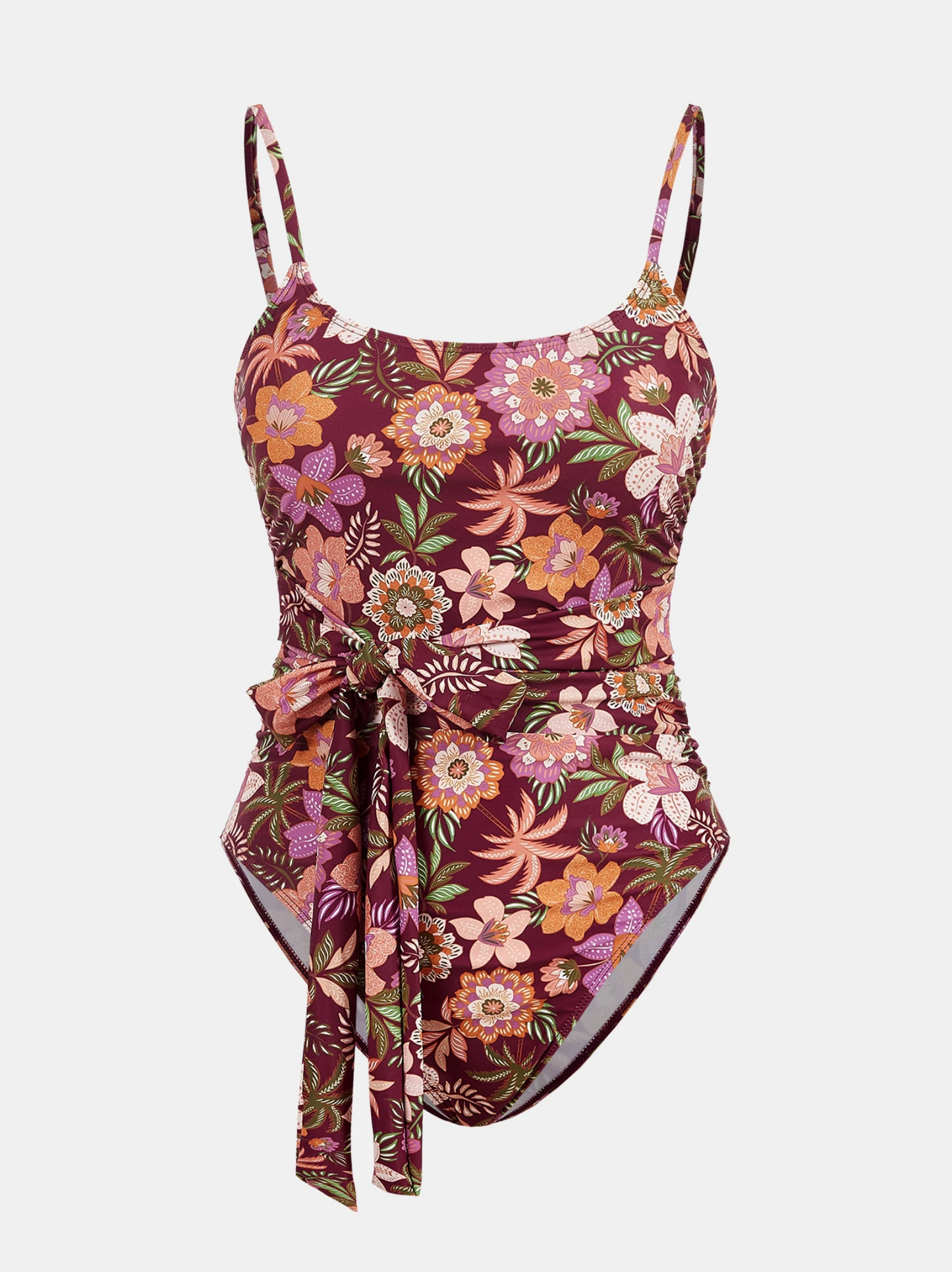 Wine Wild Floral Cami Belted Swimsuit