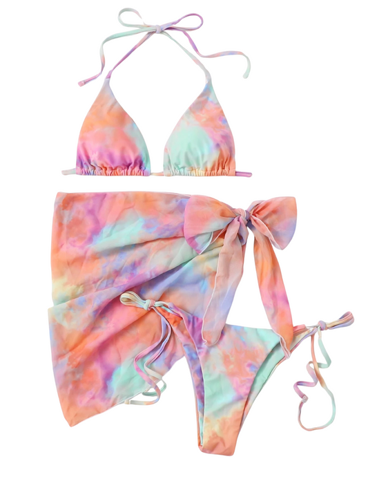 3 Pack Pastel Tie Dye Bikini & Wrap Set