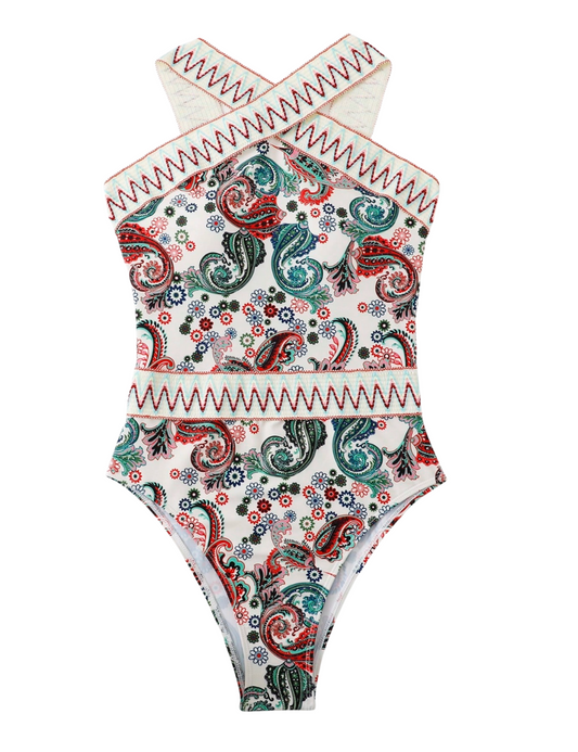 Paisley Chevron Tape High Neck One Piece
