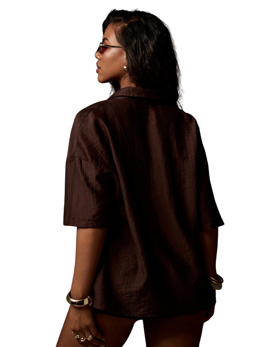 Coffee Textured Shirt & High Waist Shorts Co Ord Set