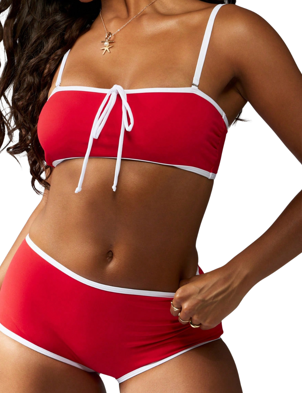 Red Contrast Band Bandeau Hot Shorts Bikini Set