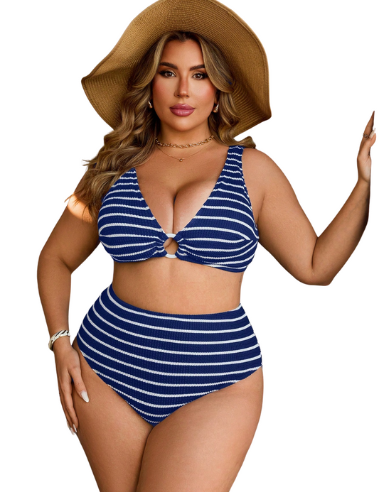 Plus Navy White Stripe Crinkle Ring Bikini Set