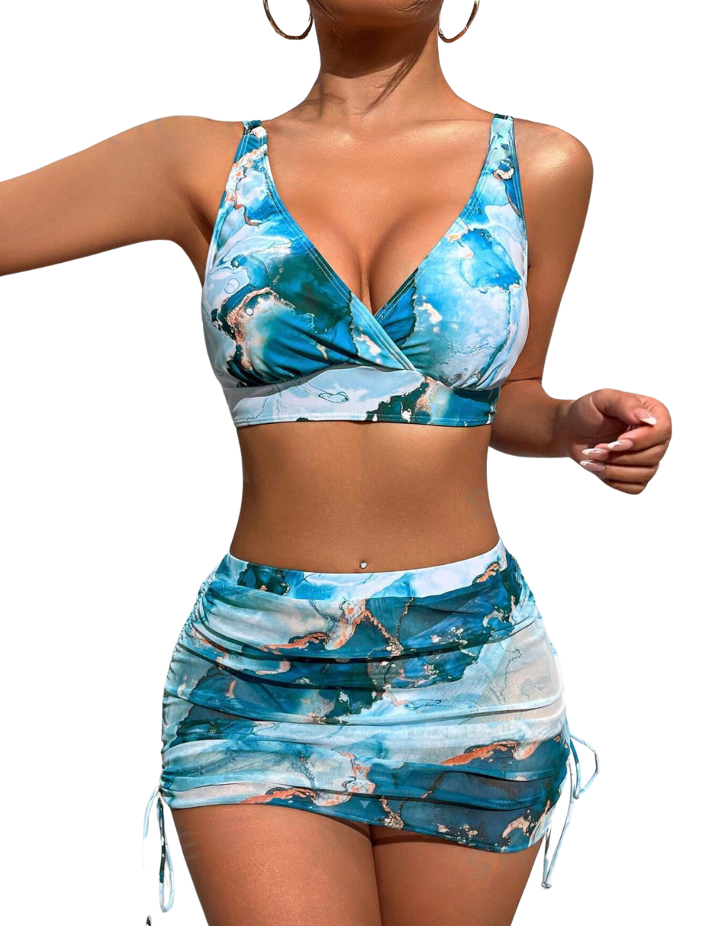 3 Pack Ocean Marble V Neck Bikini & Skirt