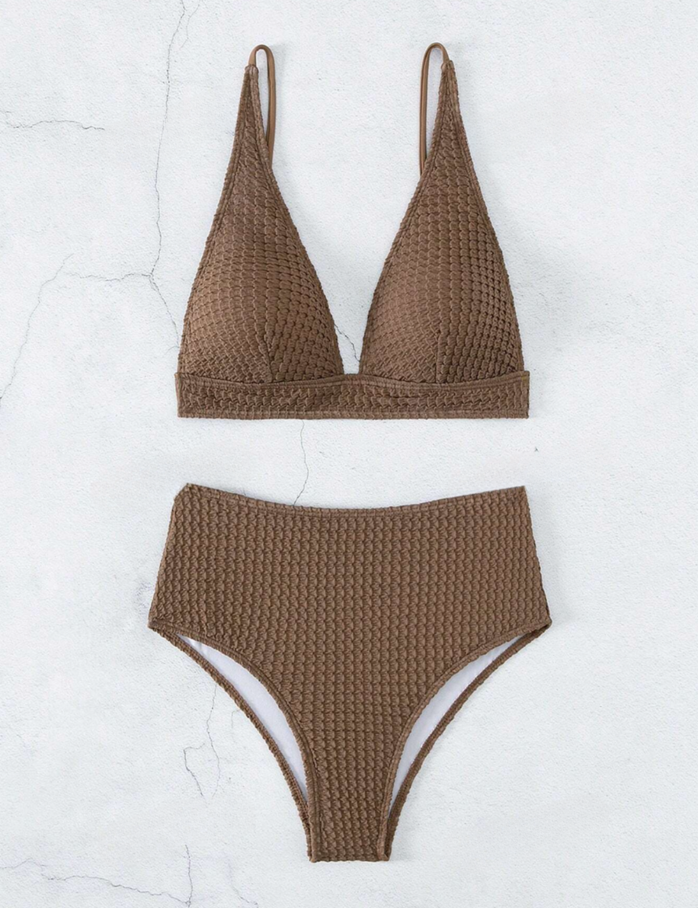 Textured Mocha Triangle High Waist Bikini Set