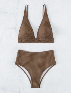 Textured Mocha Triangle High Waist Bikini Set