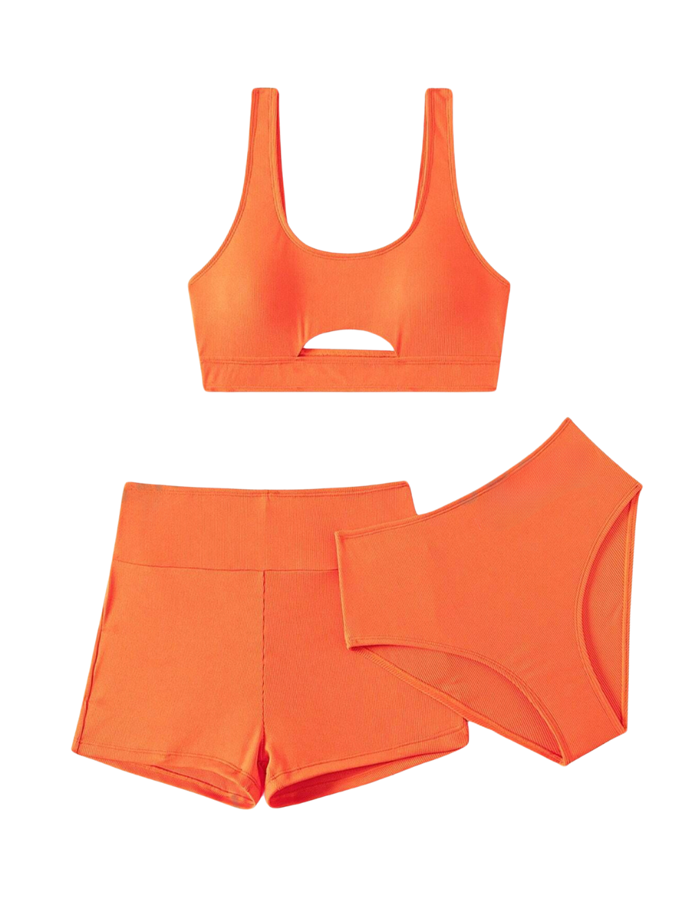 3 Pack Basic Orange Ribbed Bikini & Shorts Set