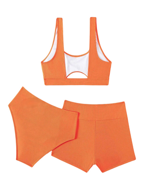 3 Pack Basic Orange Ribbed Bikini & Shorts Set