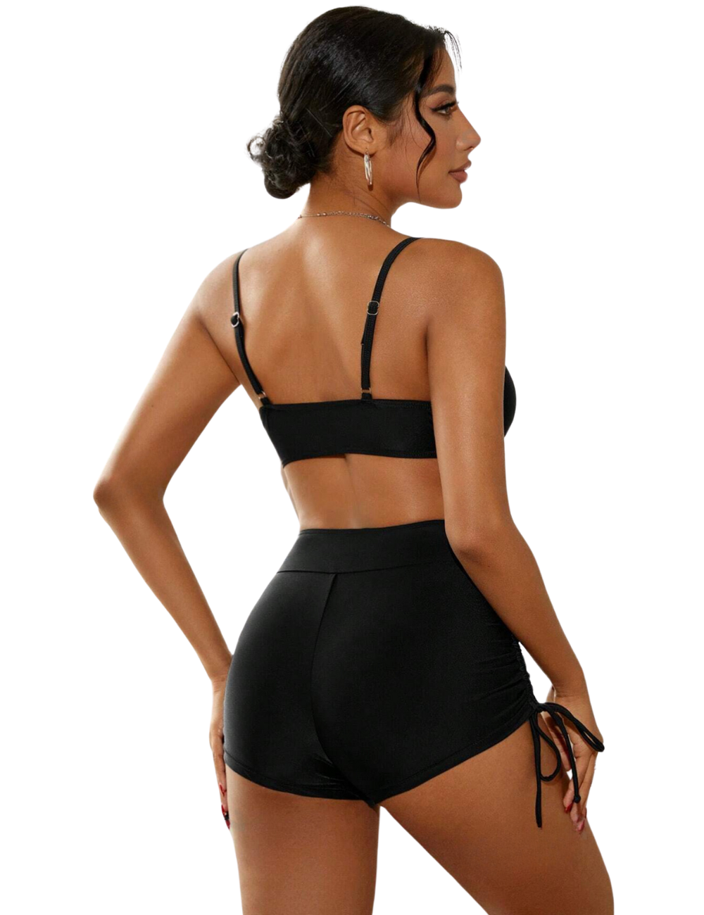 Basic Black Twist Push Up Drawstring Bikini Shorts Set