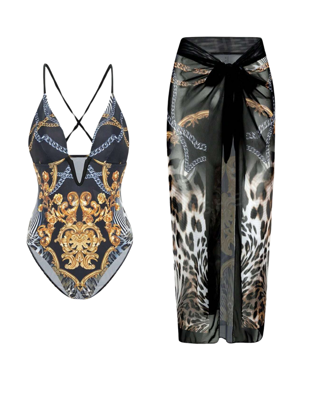 Chain Print V Wired One Piece & Sarong