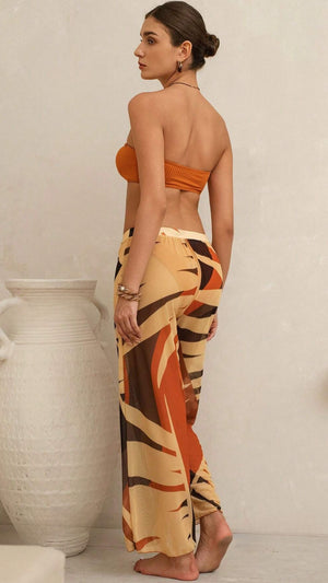 Rust Bandeau Bikini & Tropical Cover Pants Set