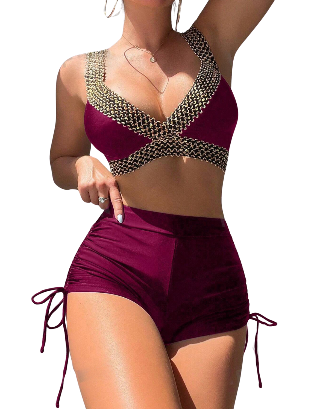 Wine Gold Band Bikini Shorts Set