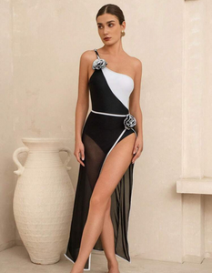 B/W One Shoulder Flower Applique Swimsuit & Sarong