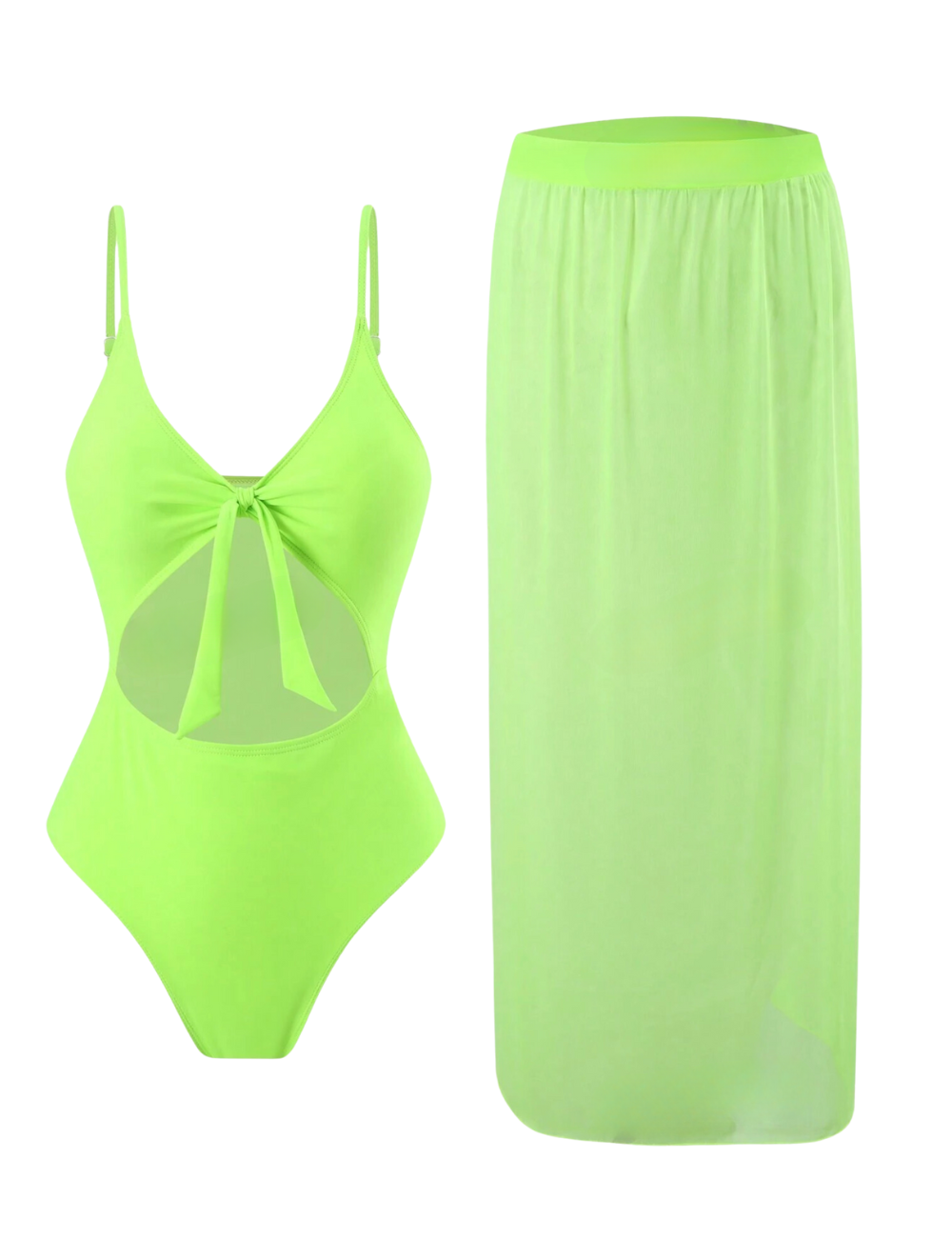 Neon Lime Cut Out Swimsuit & Skirt Set