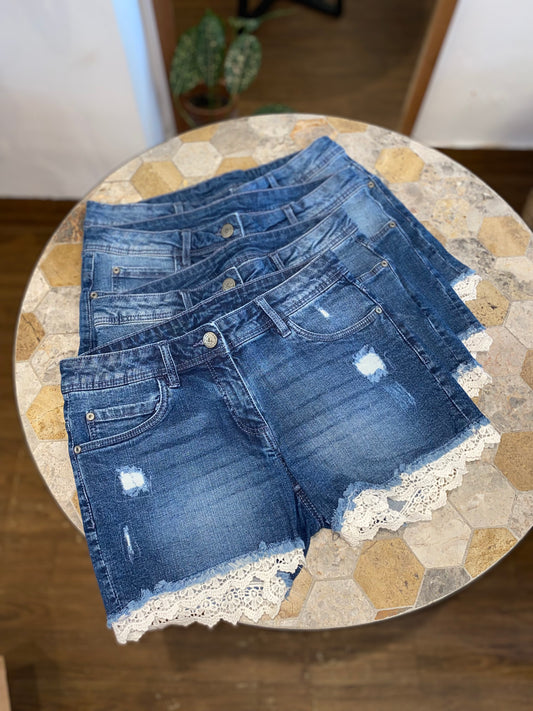 Lace Trim Navy Denim Shorts