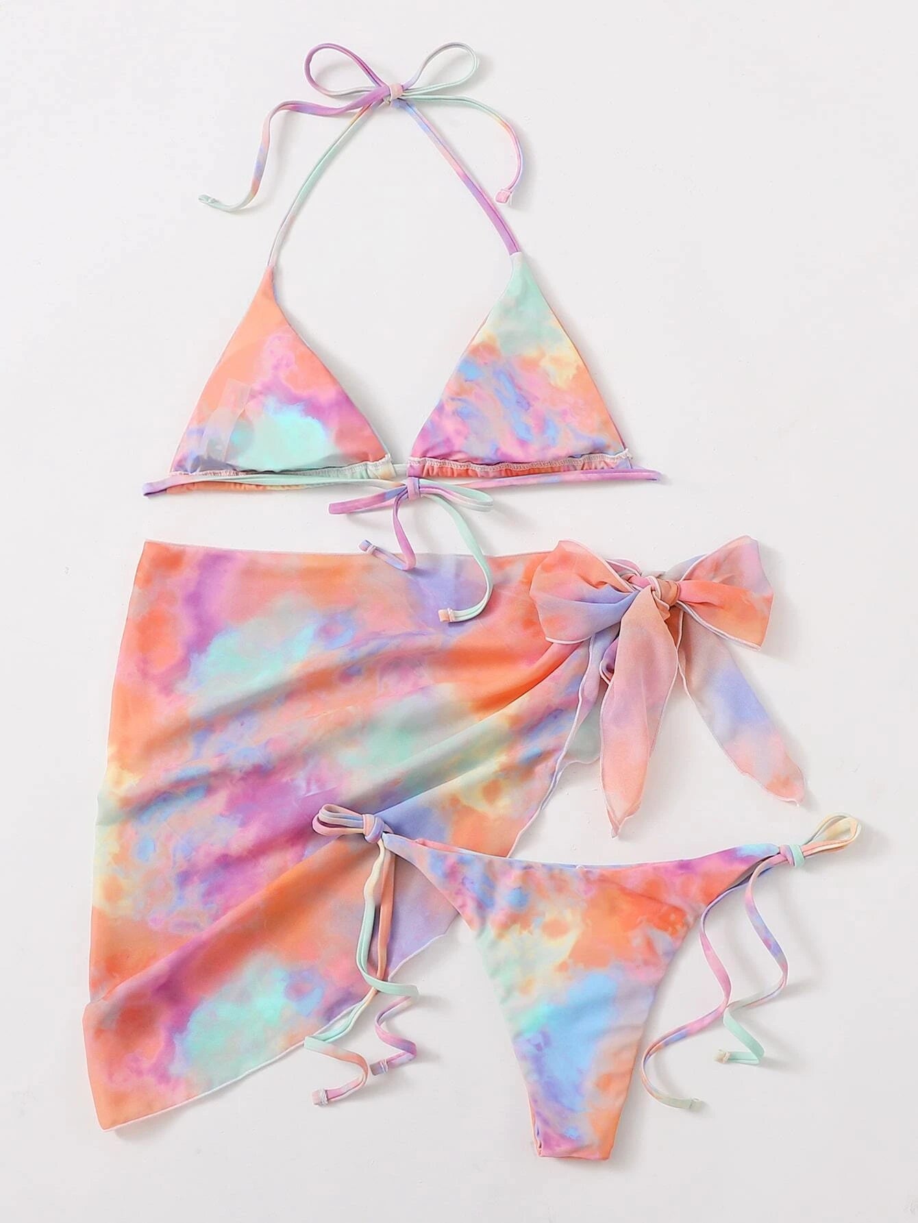 3 Pack Pastel Tie Dye Bikini & Wrap Set
