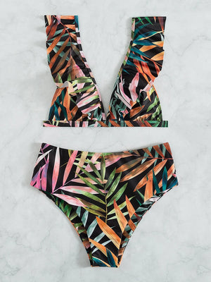 Arty Leaf Ruffle Mid Waist Bikini Set